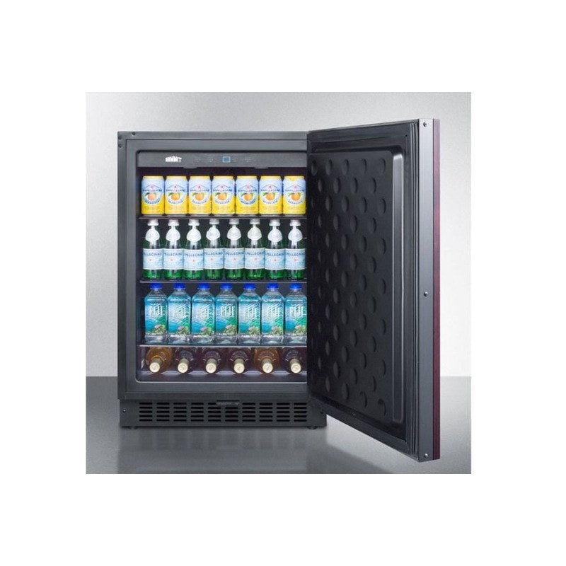 Summit SPR627OSIF door open fully loaded with chilled beverages