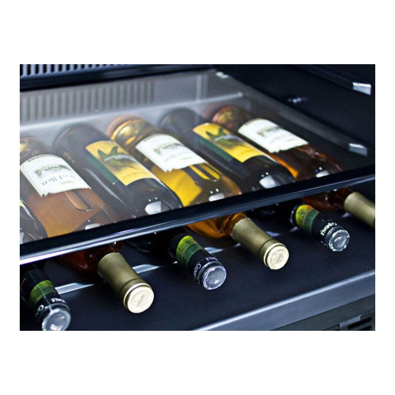 Closeup of wine bottles held on the slotted bottle floor of the Summit SPR627OSIF