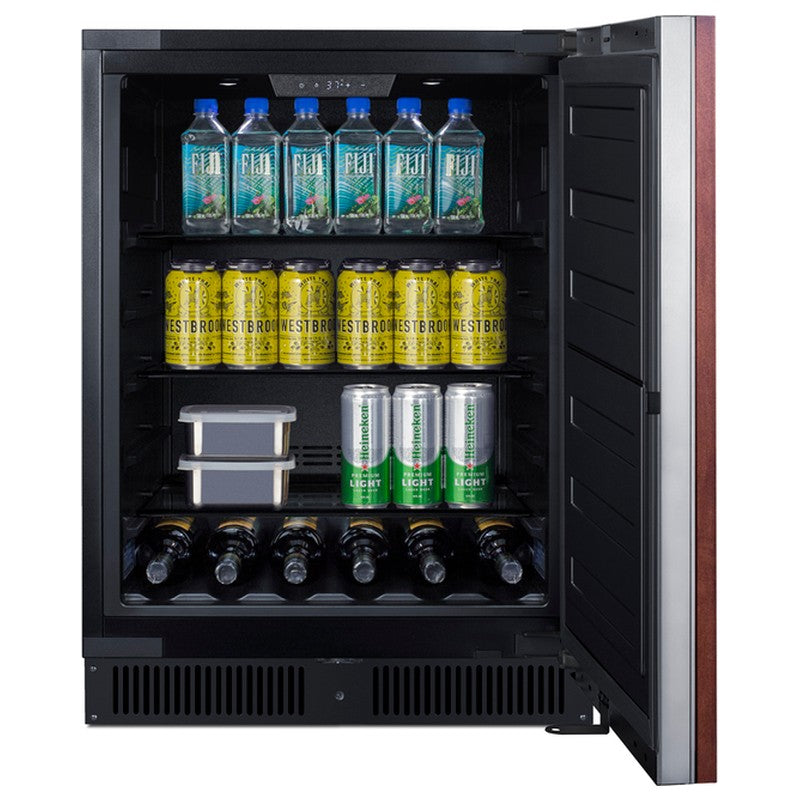 Summit SPR627OSPNR 24-inch outdoor panel-ready all-refrigerator, door open, stocked with beverages