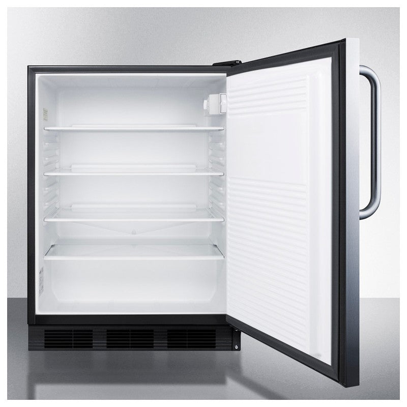 Summit SPR7BOSSTADA 24-inch outdoor ADA all-stainless all-refrigerator, door open showing empty white interior