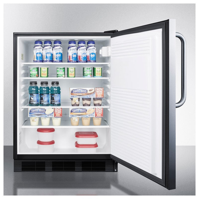 Summit SPR7BOSSTADA 24-inch outdoor ADA all-stainless all-refrigerator, door open, stocked, angled view