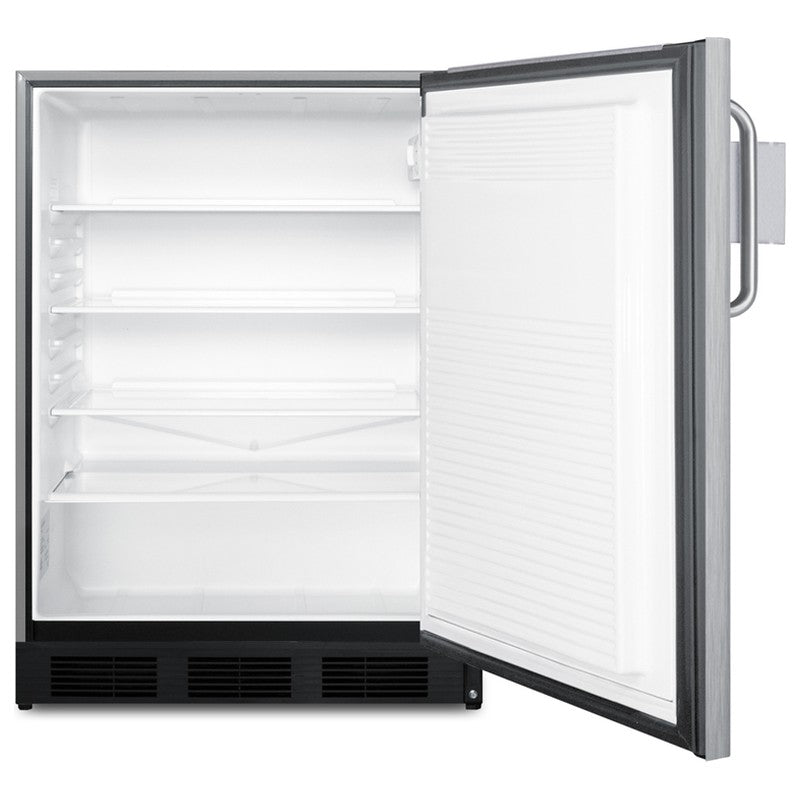Summit SPR7BOSSTSR 24-inch outdoor all-stainless refrigerator with speed rail, door open showing empty interior