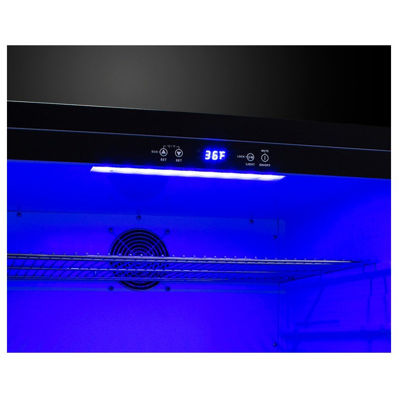 Summit SPR7BOSSTSR 24-inch outdoor all-stainless refrigerator with speed rail, interior LED lighting closeup