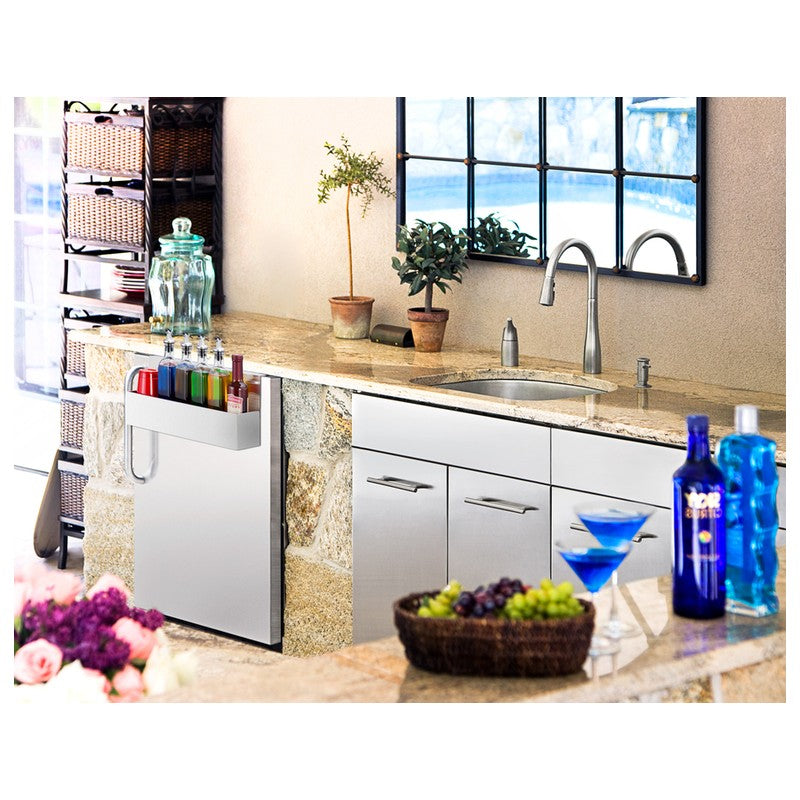 Summit SPR7BOSSTSR 24-inch outdoor all-stainless refrigerator with speed rail, installed in outdoor bar, lifestyle view