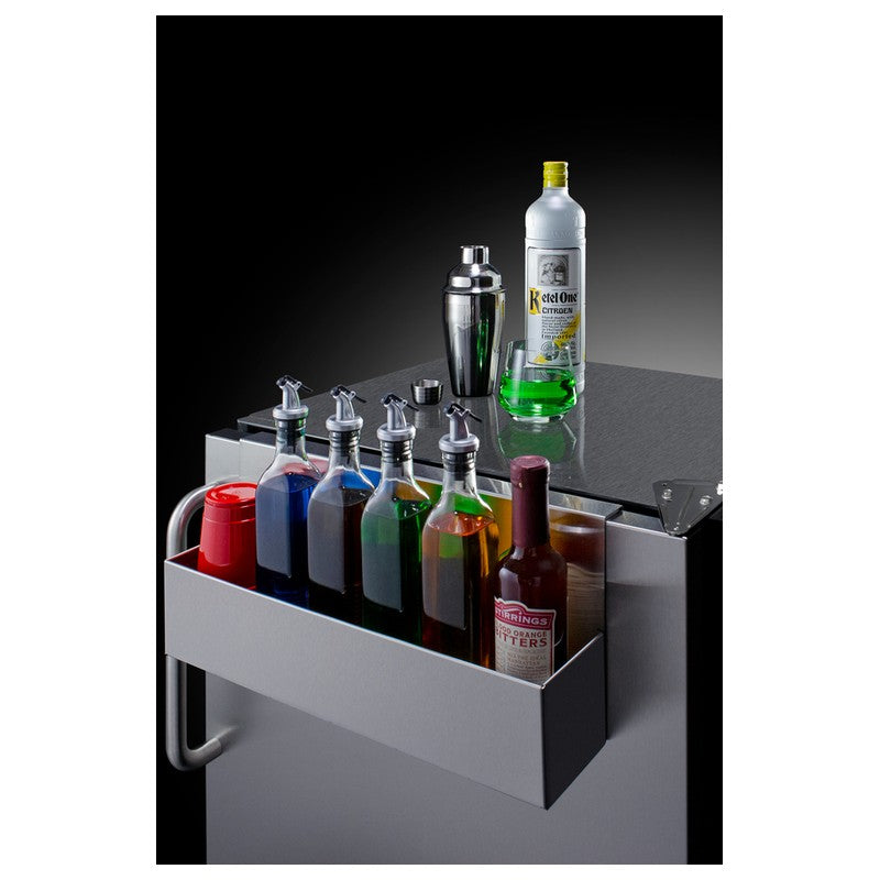 Summit SPR7BOSSTSR 24-inch outdoor all-stainless refrigerator with speed rail, stainless speed rail closeup with bar bottles