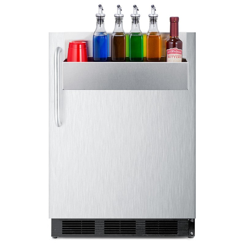 Summit SPR7BOSSTSR 24-inch outdoor all-stainless refrigerator with speed rail, speed rail on door stocked with bottles