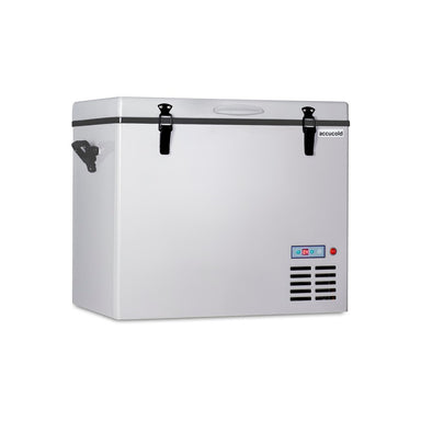 Summit SPRF56 26-inch portable 12/24V cooler, side handles and lift-up lid, angled view