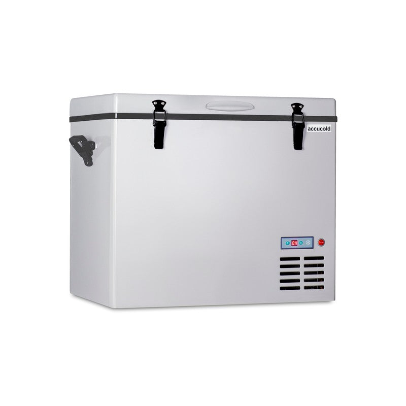 Summit SPRF56 26-inch portable 12/24V cooler, side handles and lift-up lid, angled view