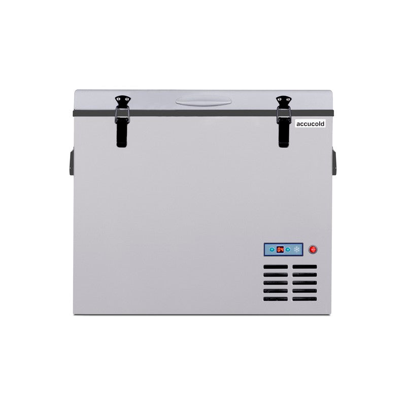 Summit SPRF56 26-inch portable 12/24V cooler, gray cabinet with compressor vents, front view