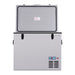 Summit SPRF56 26-inch portable 12/24V cooler, lid open showing refrigerator-freezer and cooler compartments stocked