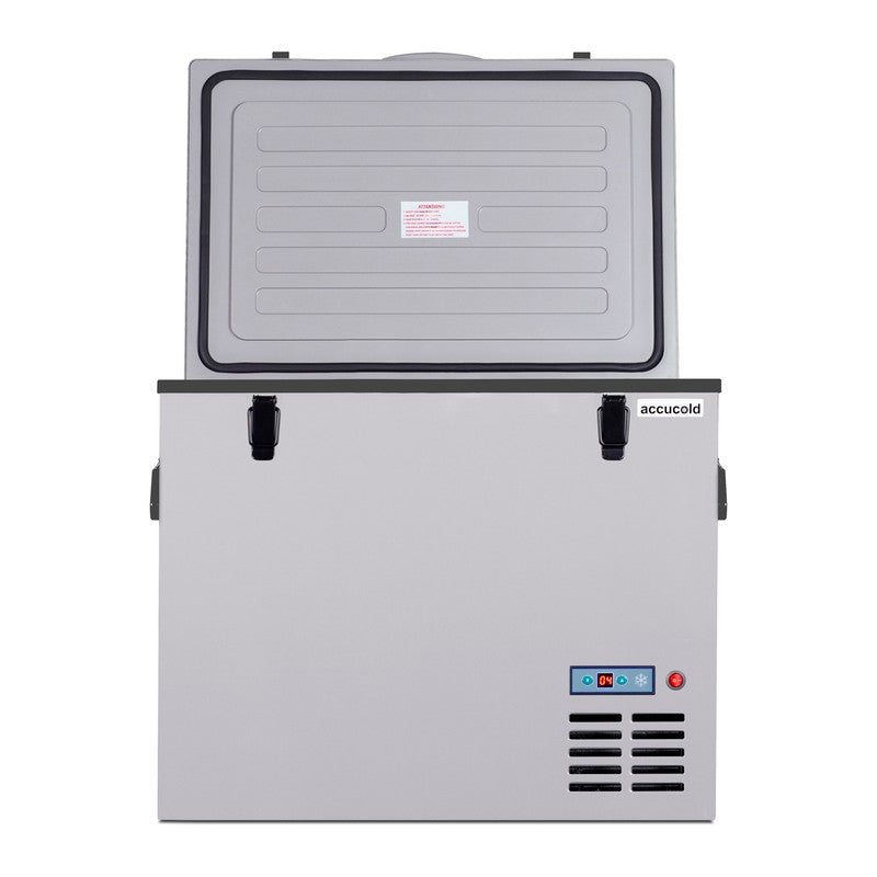 Summit SPRF56 26-inch portable 12/24V cooler, lid open showing refrigerator-freezer and cooler compartments stocked