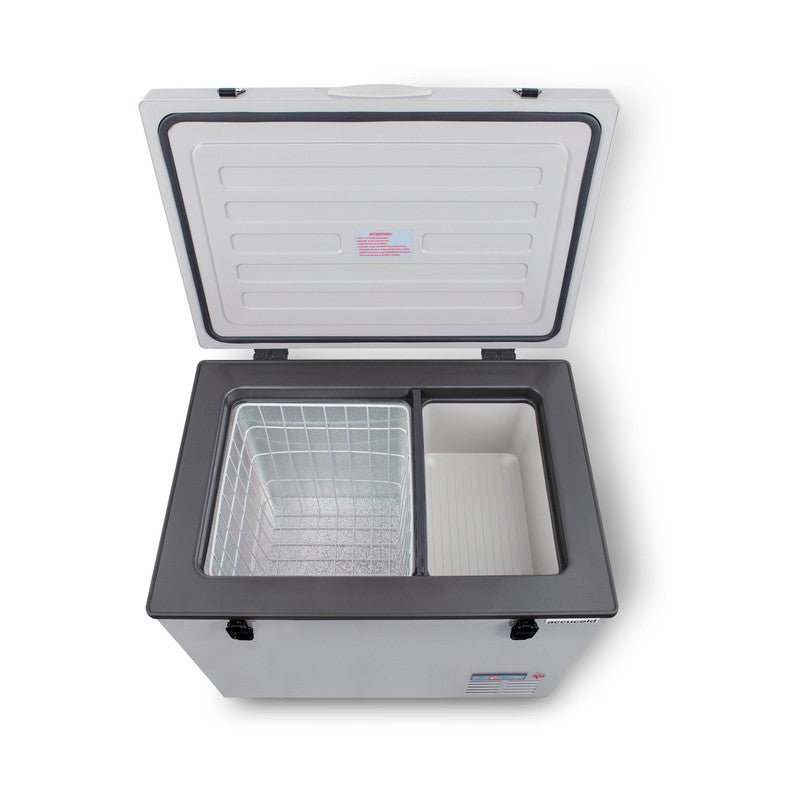 Summit SPRF56 26-inch portable 12/24V cooler, lid open showing hammered aluminum interior and wire basket