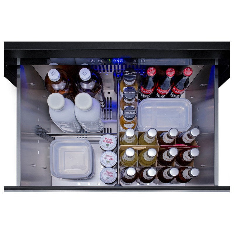 Top drawer of the Summit SPR275OS2DCSSADA loaded with bottles and beverages