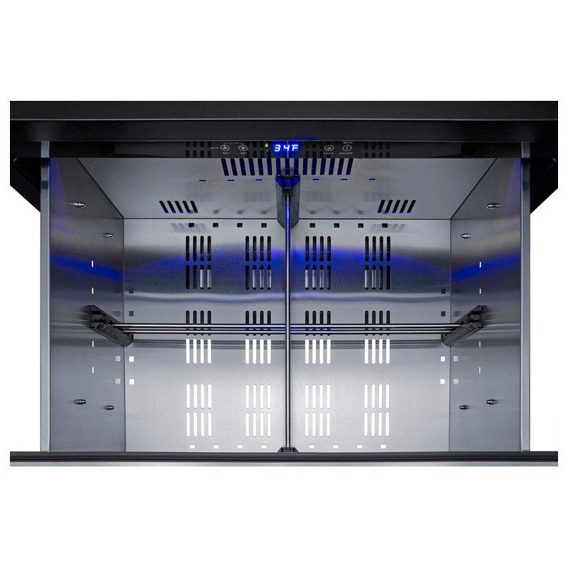 Open top drawer of the Summit SPR275OS2DCSSADA with blue LED lighting and dividers