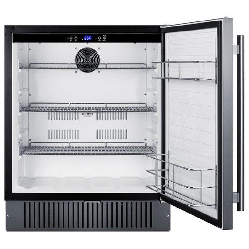 Summit SPR2700SS 27-inch outdoor all-refrigerator, door open showing empty interior