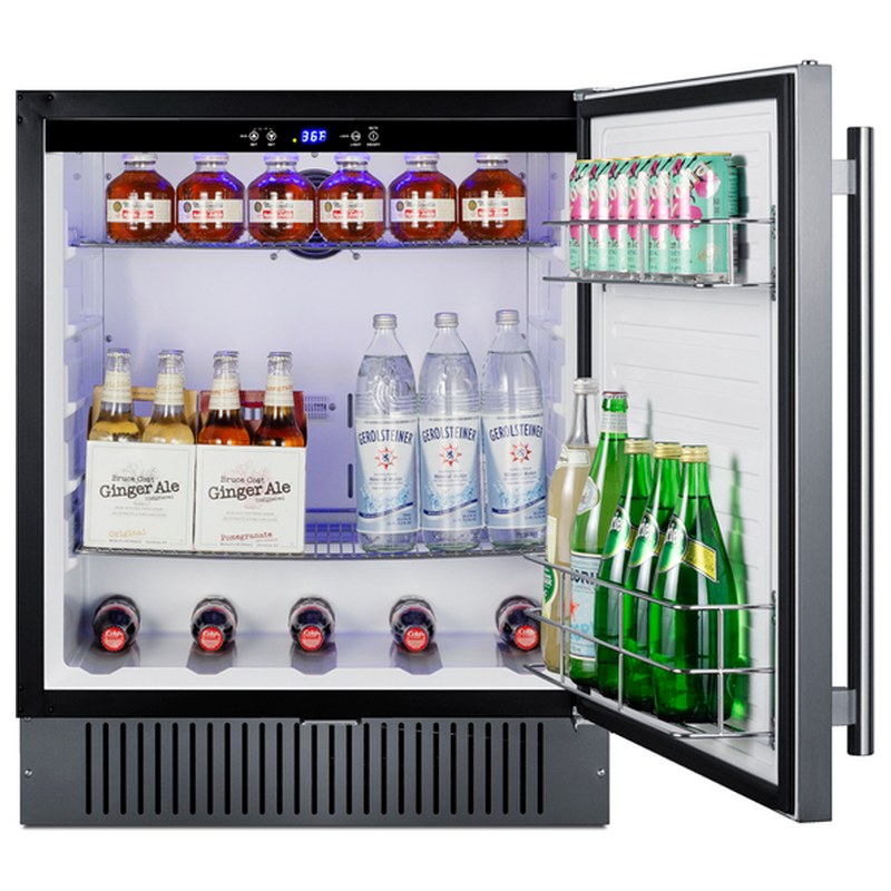 Summit SPR2700SS 27-inch outdoor all-refrigerator, door open, stocked, angled view