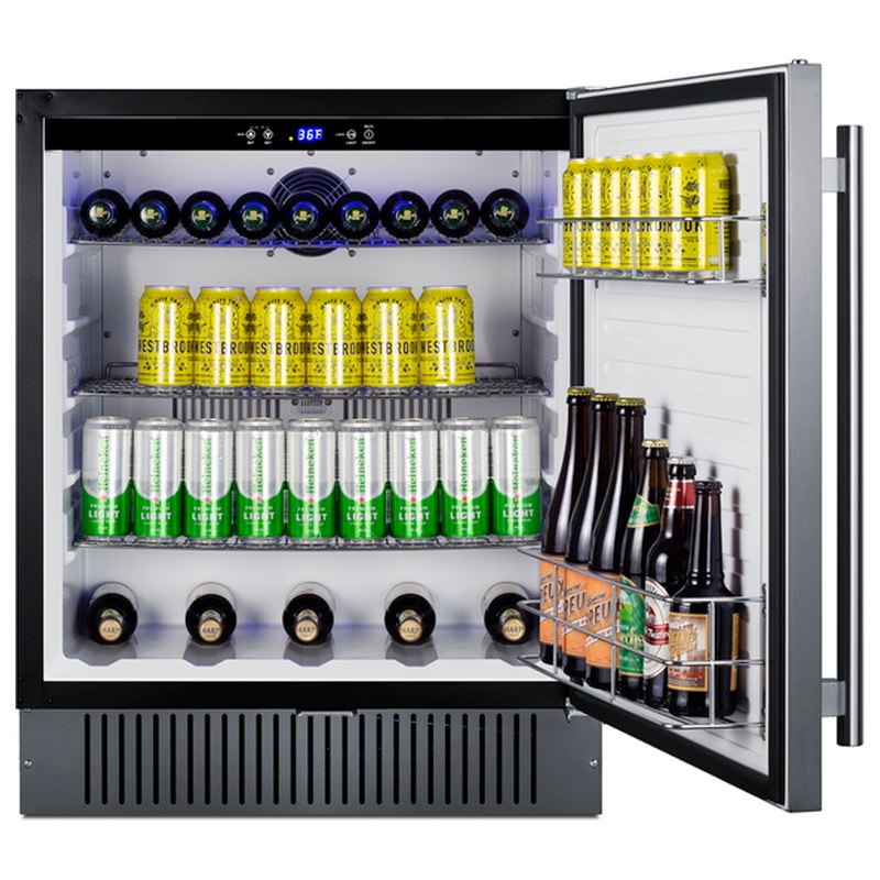 Summit SPR2700SS 27-inch outdoor all-refrigerator, door open, stocked with beverages