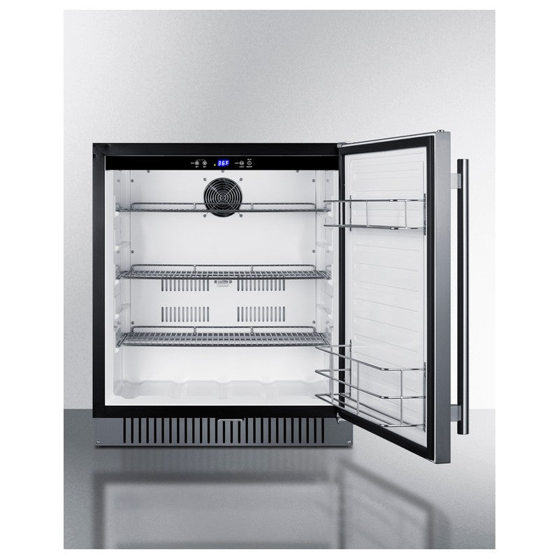 Summit FF27BSSADA 27-inch outdoor ADA all-refrigerator, door open showing empty interior