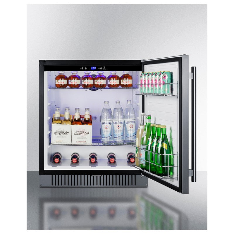 Summit FF27BSSADA 27-inch outdoor ADA all-refrigerator, door open, stocked, angled view