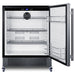 Summit FF27BSSCAS 27-inch outdoor all-refrigerator on casters, door open showing empty interior