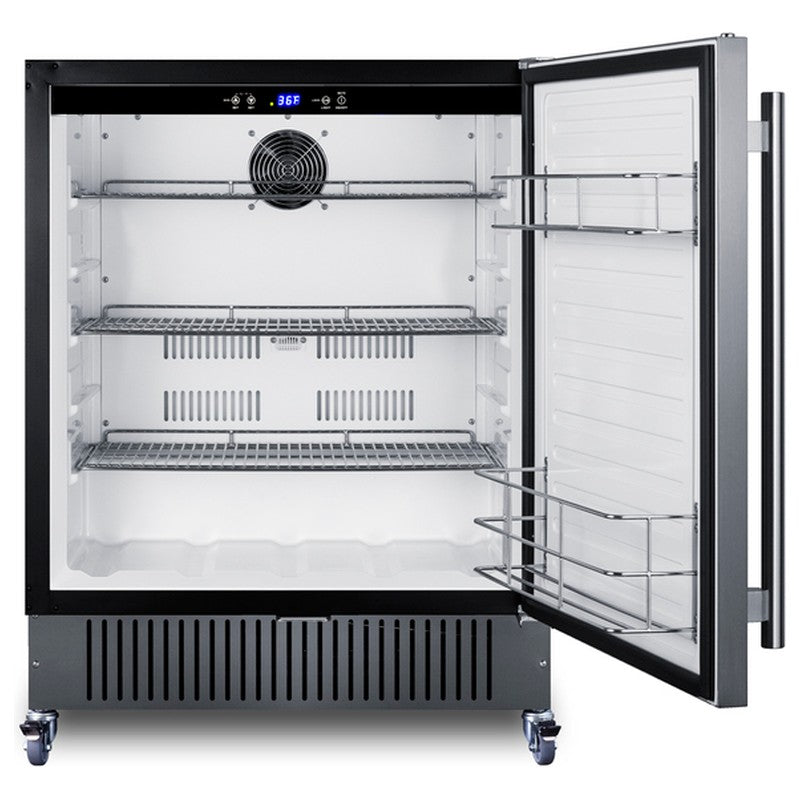 Summit FF27BSSCAS 27-inch outdoor all-refrigerator on casters, door open showing empty interior