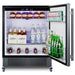 Summit FF27BSSCAS 27-inch outdoor all-refrigerator on casters, door open, stocked, angled view