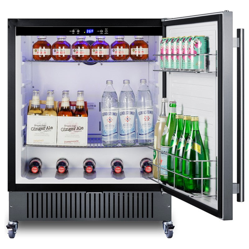 Summit FF27BSSCAS 27-inch outdoor all-refrigerator on casters, door open, stocked, angled view