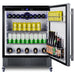Summit FF27BSSCAS 27-inch outdoor all-refrigerator on casters, door open, stocked with beverages