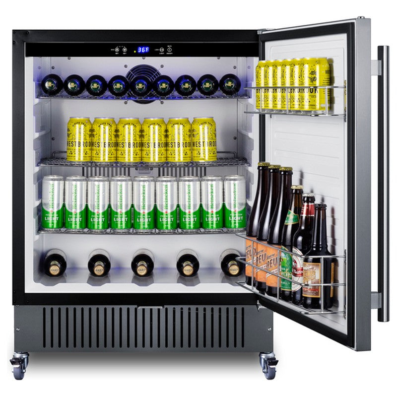 Summit FF27BSSCAS 27-inch outdoor all-refrigerator on casters, door open, stocked with beverages