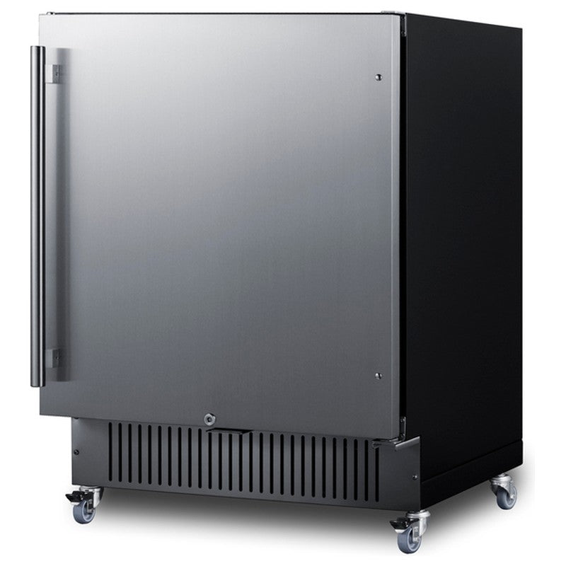 Summit FF27BSSCAS 27-inch outdoor all-refrigerator on casters, angled view on casters