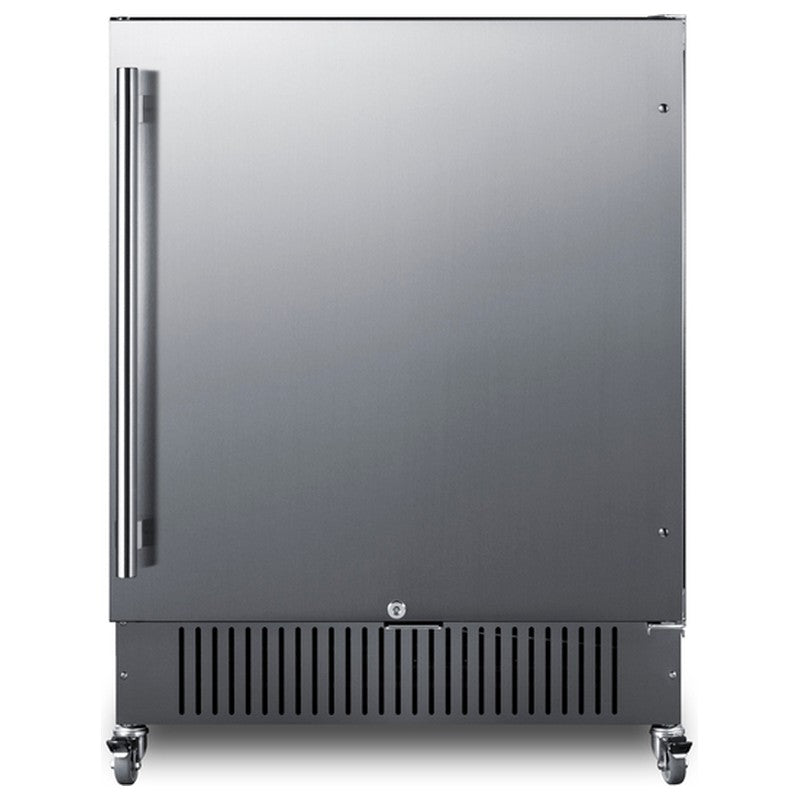Summit FF27BSSCAS 27-inch outdoor all-refrigerator on casters, stainless steel door, front view