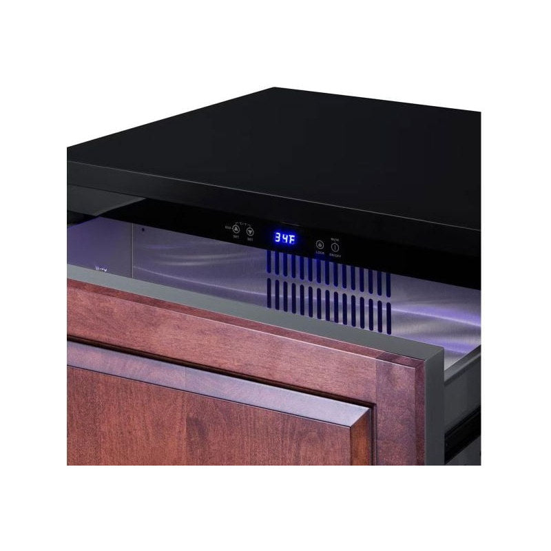 Closeup of the Summit SPR275OS2DPNR with a custom panel drawer front pulled open