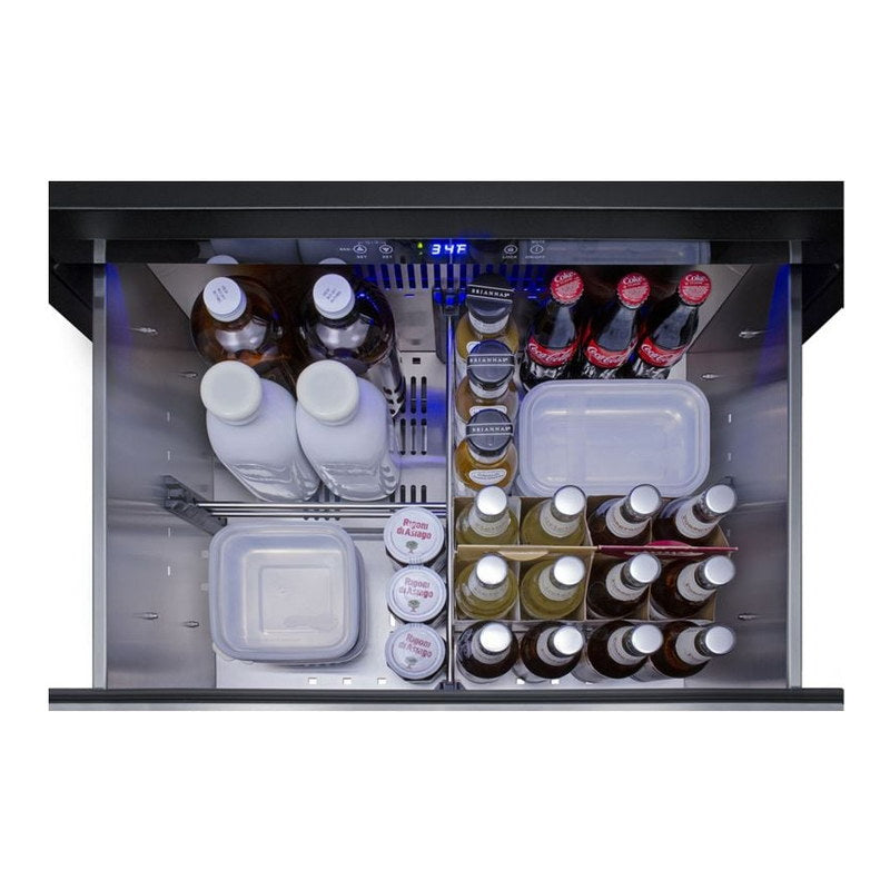 Summit SPR275OS2D refrigerator drawer open and stocked with bottles and food containers.