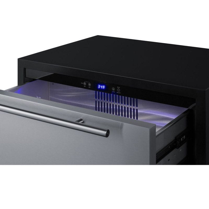 Summit SPR275OS2D refrigerator drawer partially open in a wood cabinet, showing the digital display.