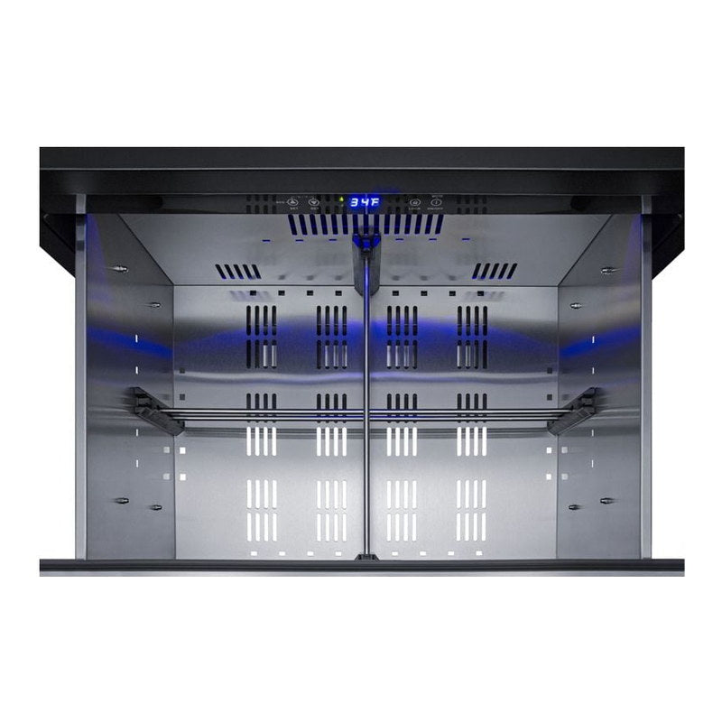 Summit SPR275OS2DPNR drawer open showing LED-lit stainless steel interior