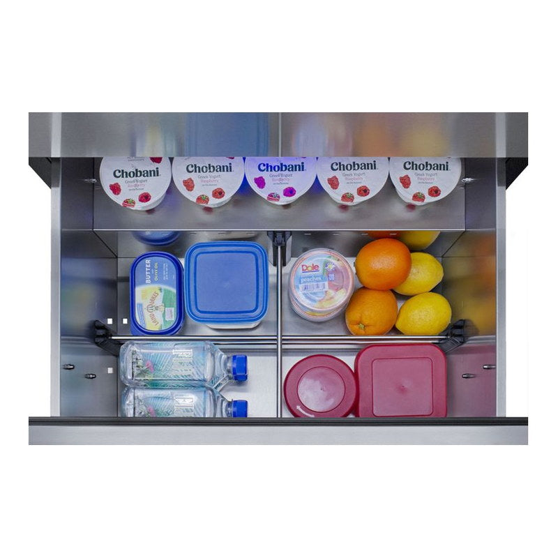 Overhead view of food storage inside the Summit SPR275OS2DPNR refrigerator drawer with dividers
