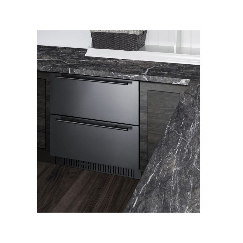 Summit 27-inch SPR275OS2D refrigerator drawers installed under a dark marble countertop.
