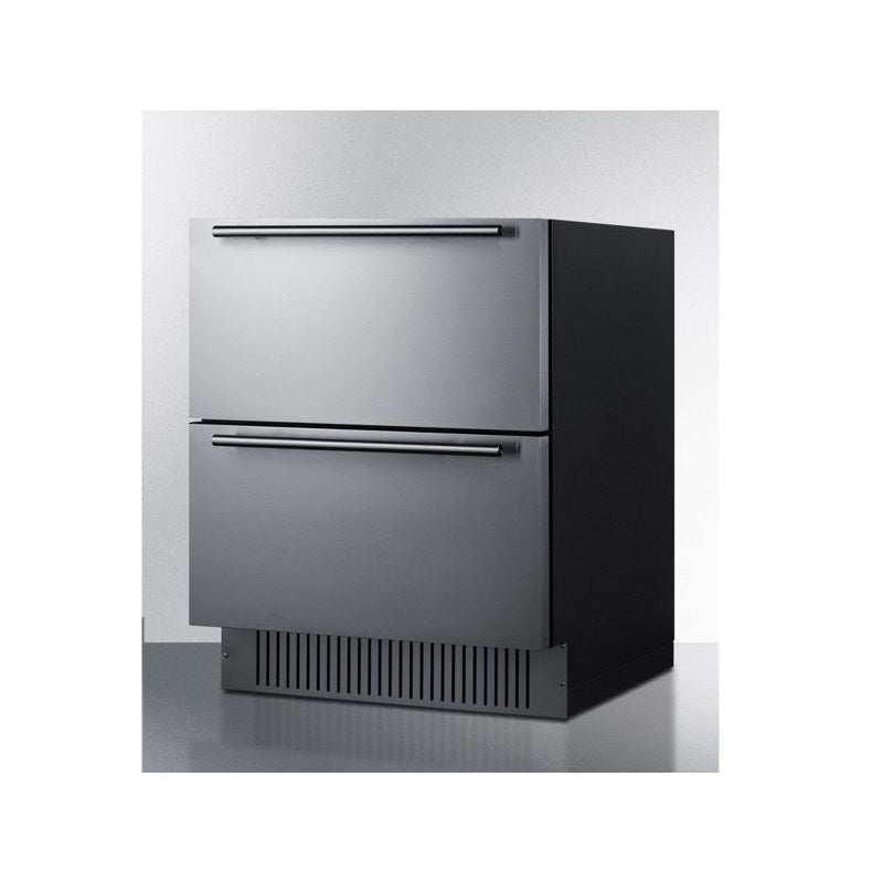 Summit 27-inch SPR275OS2D two-drawer refrigerator, alternate angled view with stainless drawer fronts.