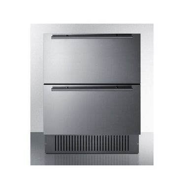 Summit 27-inch SPR275OS2D two-drawer all-refrigerator with stainless steel drawer fronts, angled view.