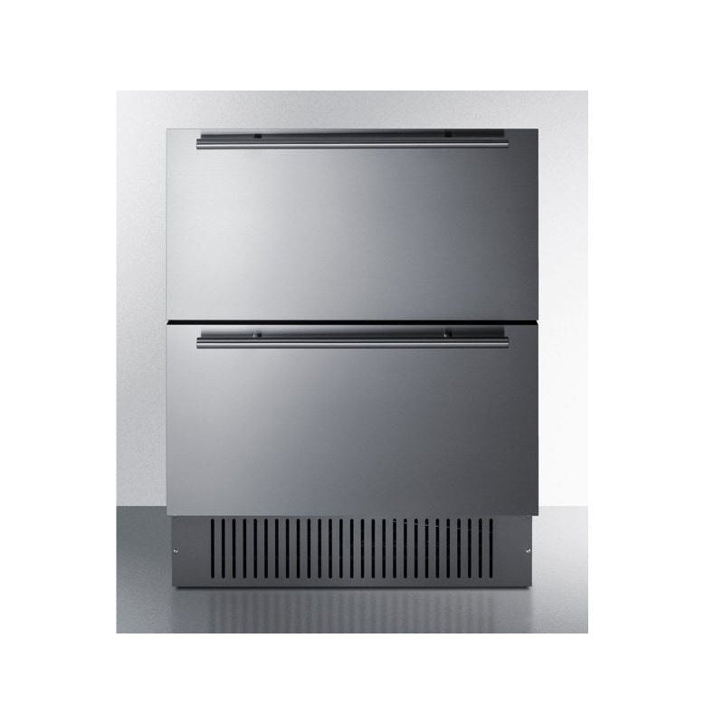 Summit 27-inch SPR275OS2D two-drawer all-refrigerator with stainless steel drawer fronts, angled view.