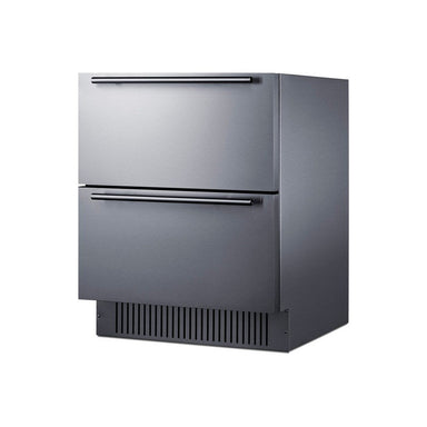 Angled view of the Summit SPR275OS2DCSSADA with complete stainless steel cabinet and drawers