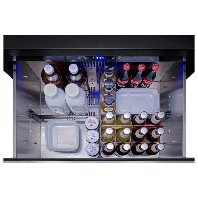 Top drawer of the Summit SPR3032DCSSADA loaded with bottles and beverages