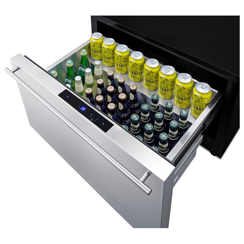 Summit SDR301OS drawer pulled open loaded with canned and bottled beverages