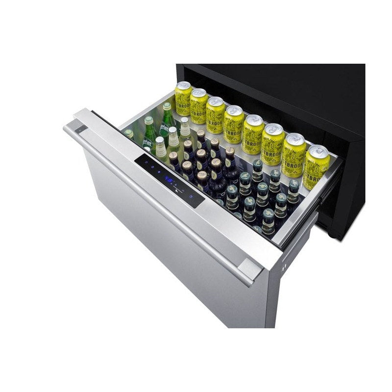 Summit SPHC30 drawer open loaded with chilled beverages