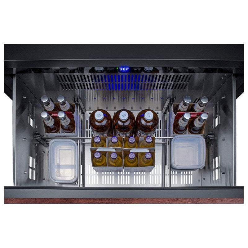 Summit SPR36332D 36-inch 2-drawer refrigerator open and loaded with bottles and condiments