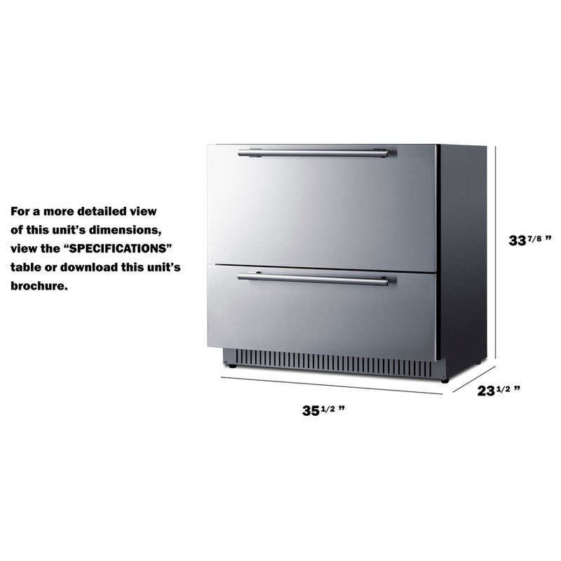 Dimensions diagram of the Summit SPR36332D: 33.88 inches high, 35.5 inches wide, 23.5 inches deep
