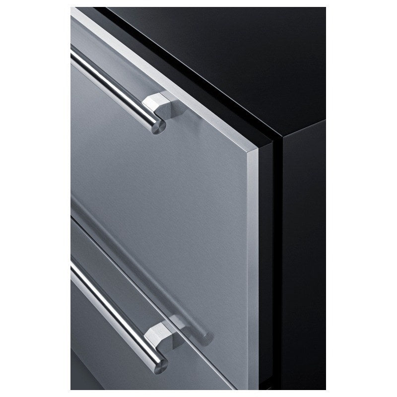 Closeup of the pro-style handle on the Summit SPR36332D stainless drawer front