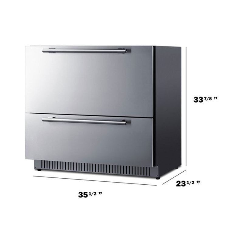 Dimension diagram of the Summit SPR36DROS outdoor refrigerator showing width, depth and height.