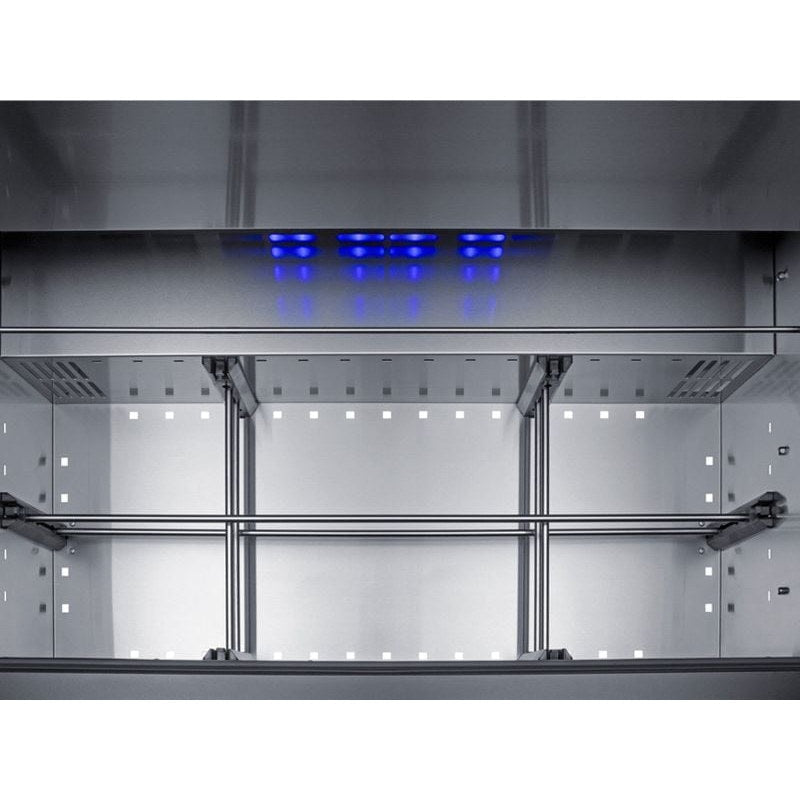 Close-up of the Summit SPR36DROS outdoor refrigerator interior with blue LED lighting strip.