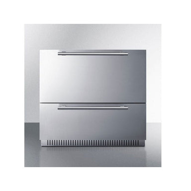 Summit 36-inch SPR36DROS outdoor two-drawer all-refrigerator in stainless steel, angled view.